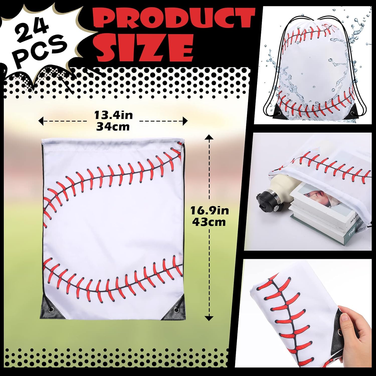Silkfly 24 Pcs Baseball Drawstring Backpack Goodie Bags for Kids Sports