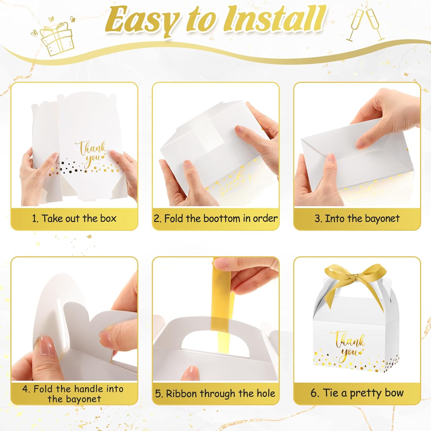 Engrowtic 50 Pcs Gold Foil Thank You Gift Boxes with Handles