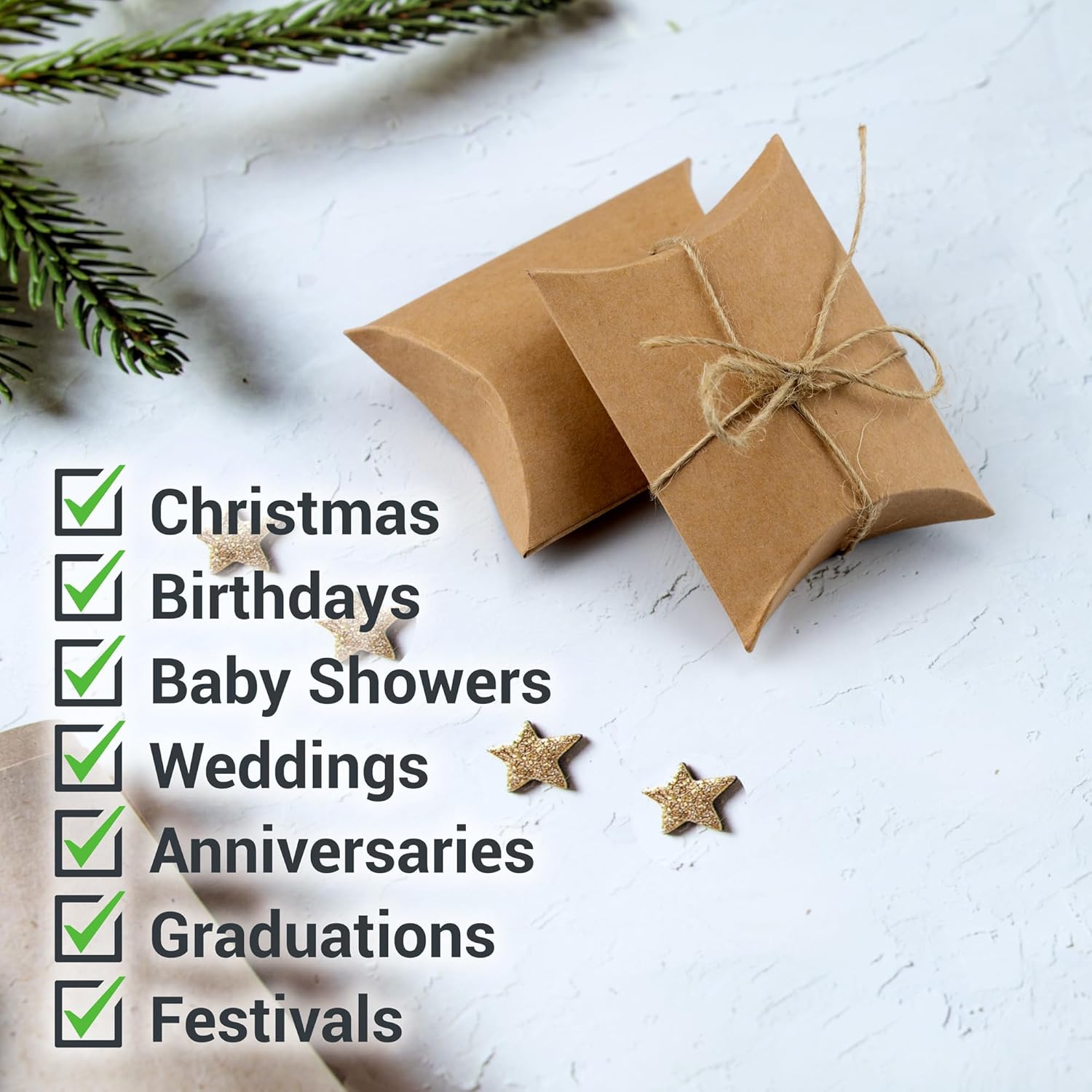 IFAMIO 50 Pcs Kraft Paper Pillow Gift Boxes with Jute Rope