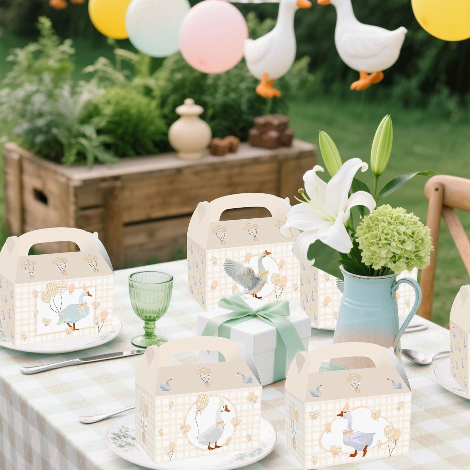Silly Goose Themed 12 Piece Beige Gingham Party Boxes