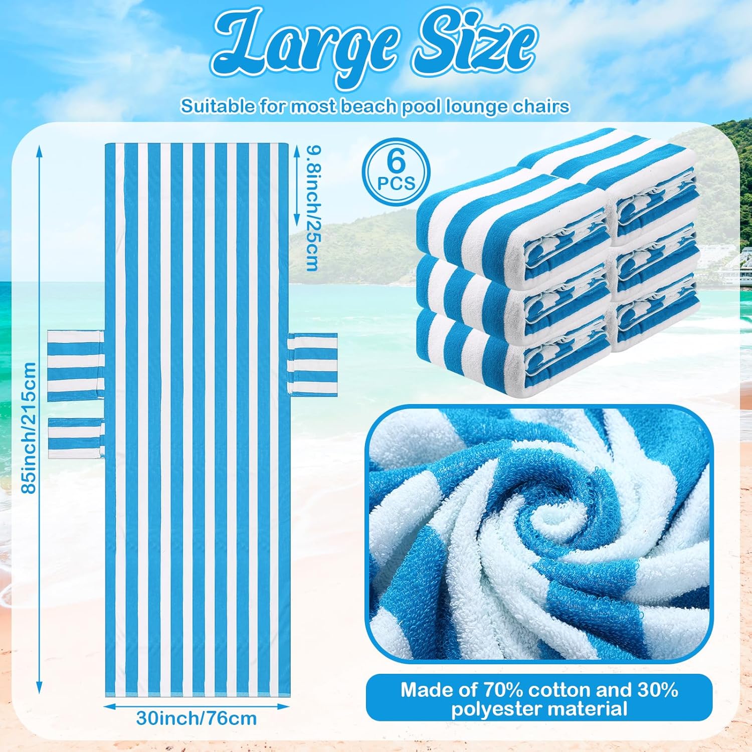 6 Pcs Chaise Lounge Towel Covers with Pockets 30x85in Blue