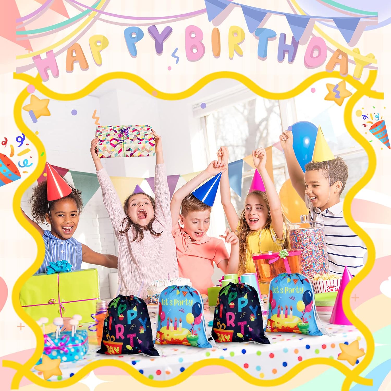 Sweetude 18 Pcs Birthday Drawstring Gift Bags with 9 Designs