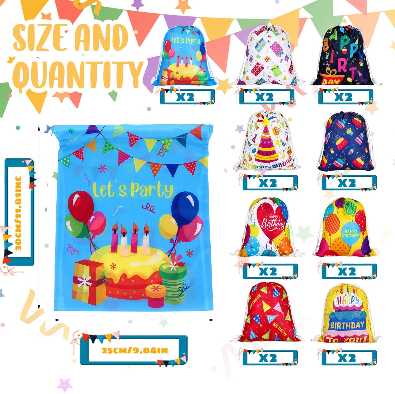 Sweetude 18 Pcs Birthday Drawstring Gift Bags with 9 Designs