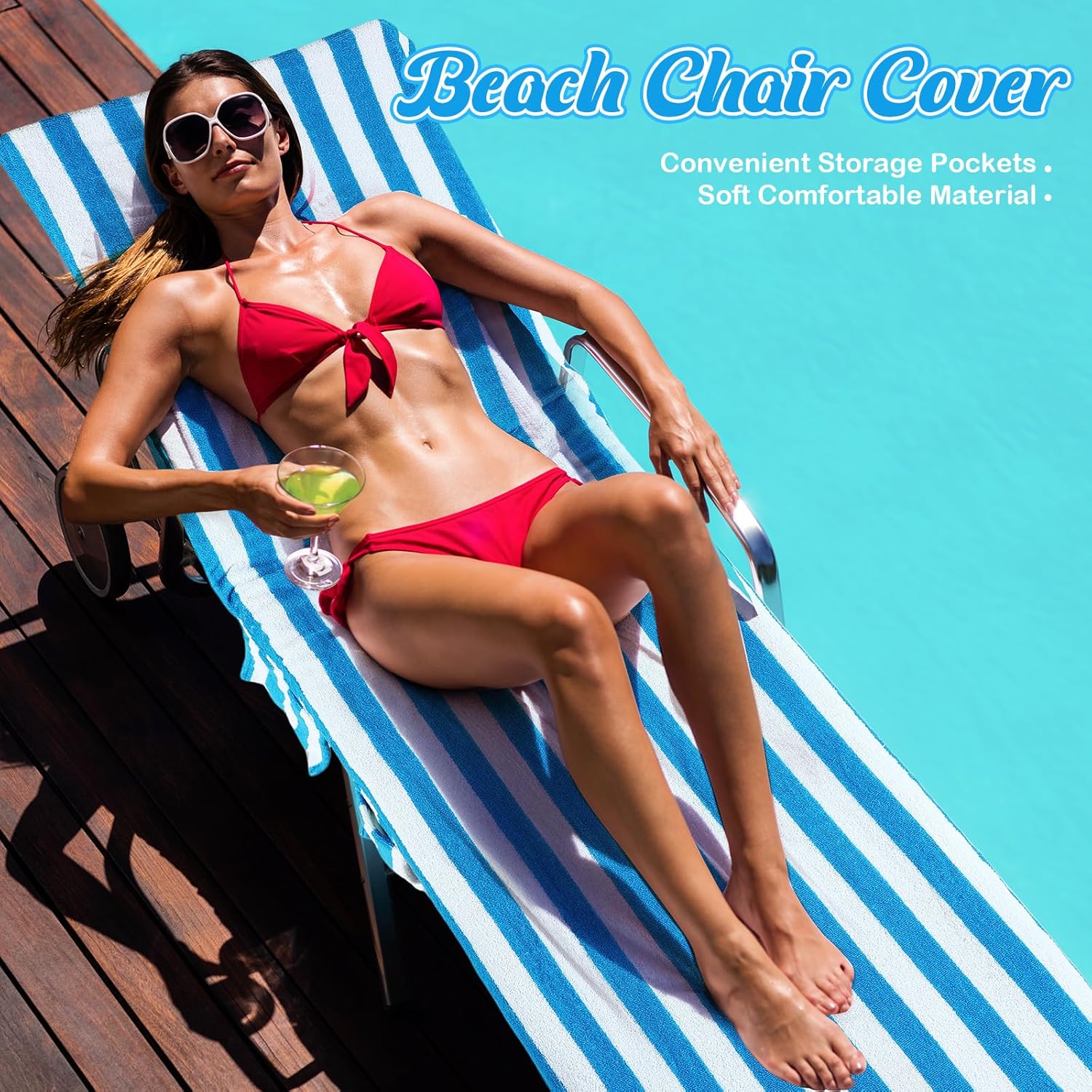 6 Pcs Chaise Lounge Towel Covers with Pockets 30x85in Blue