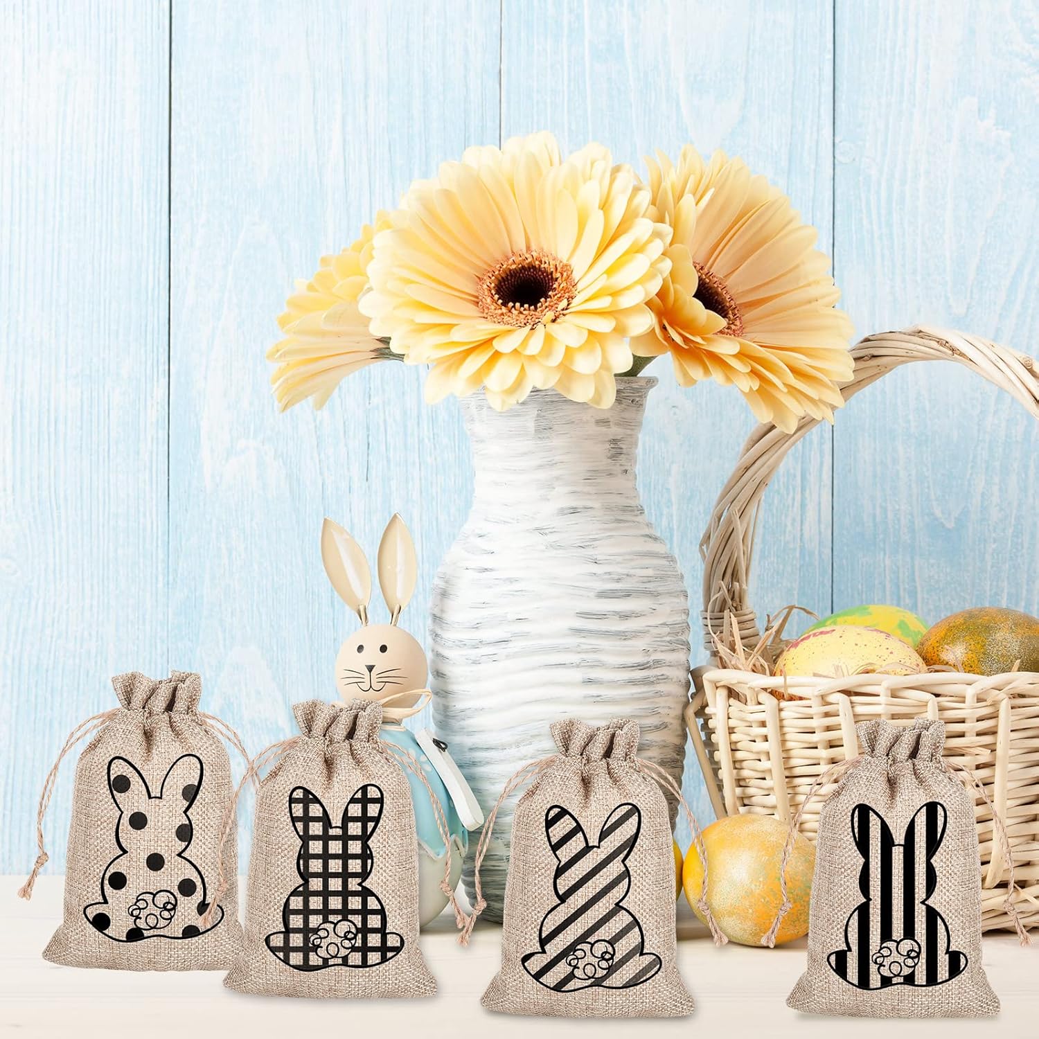 Whaline 24 Pack Easter Drawstring Gift Bags with Bunny and Rabbit Prints