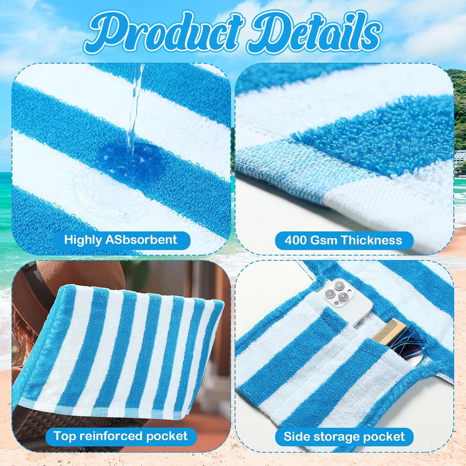 6 Pcs Chaise Lounge Towel Covers with Pockets 30x85in Blue