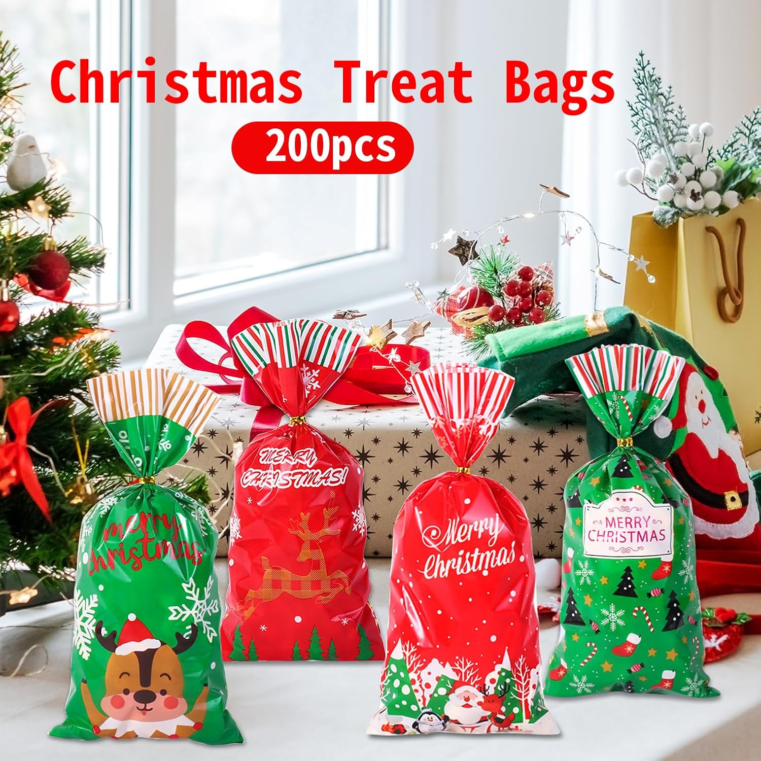 Jexila 200PCS Christmas Cellophane Bags with Twist Ties