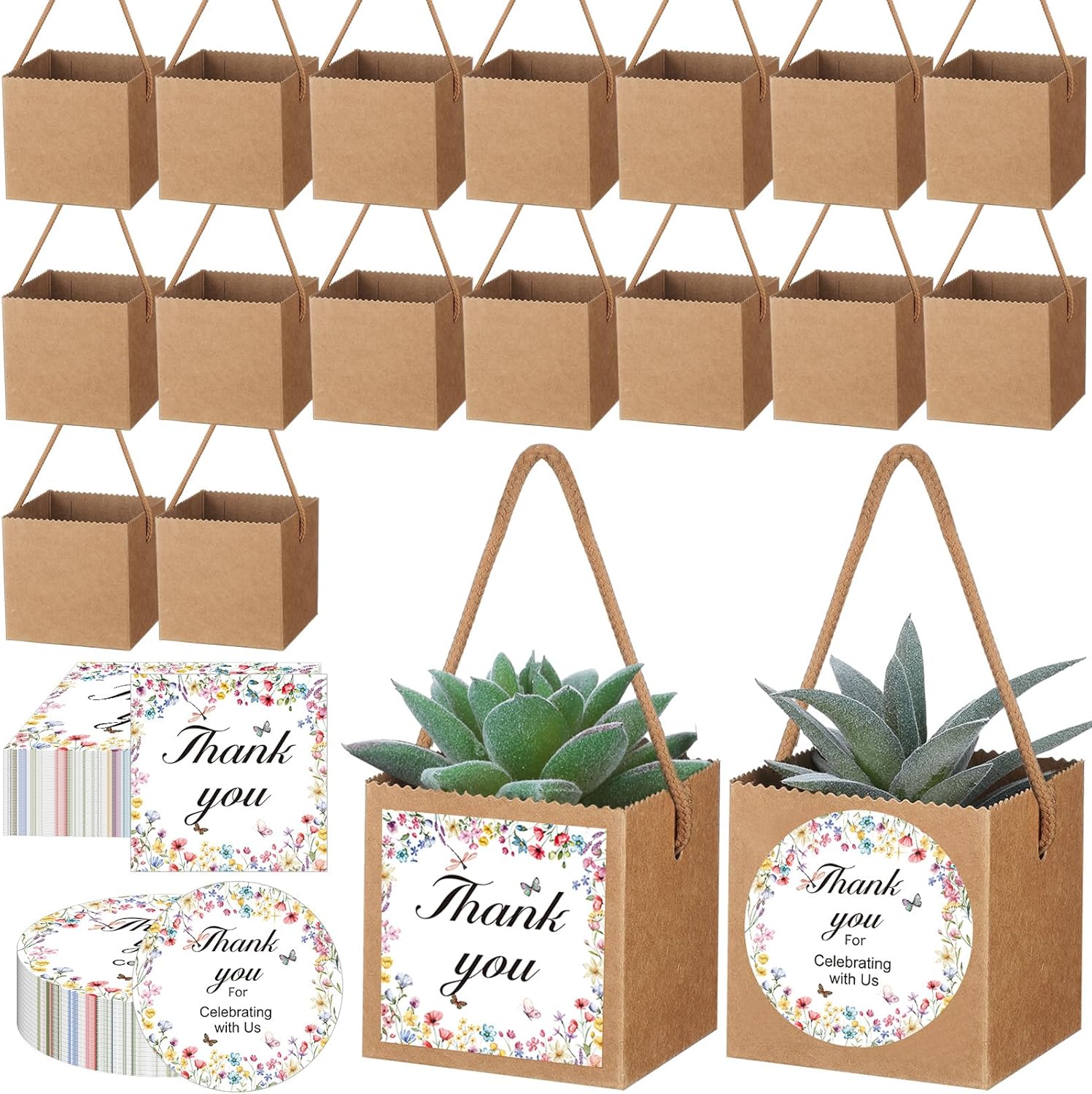 Faccito 60 Pack Succulent Wrap Bags with Wildflower Stickers