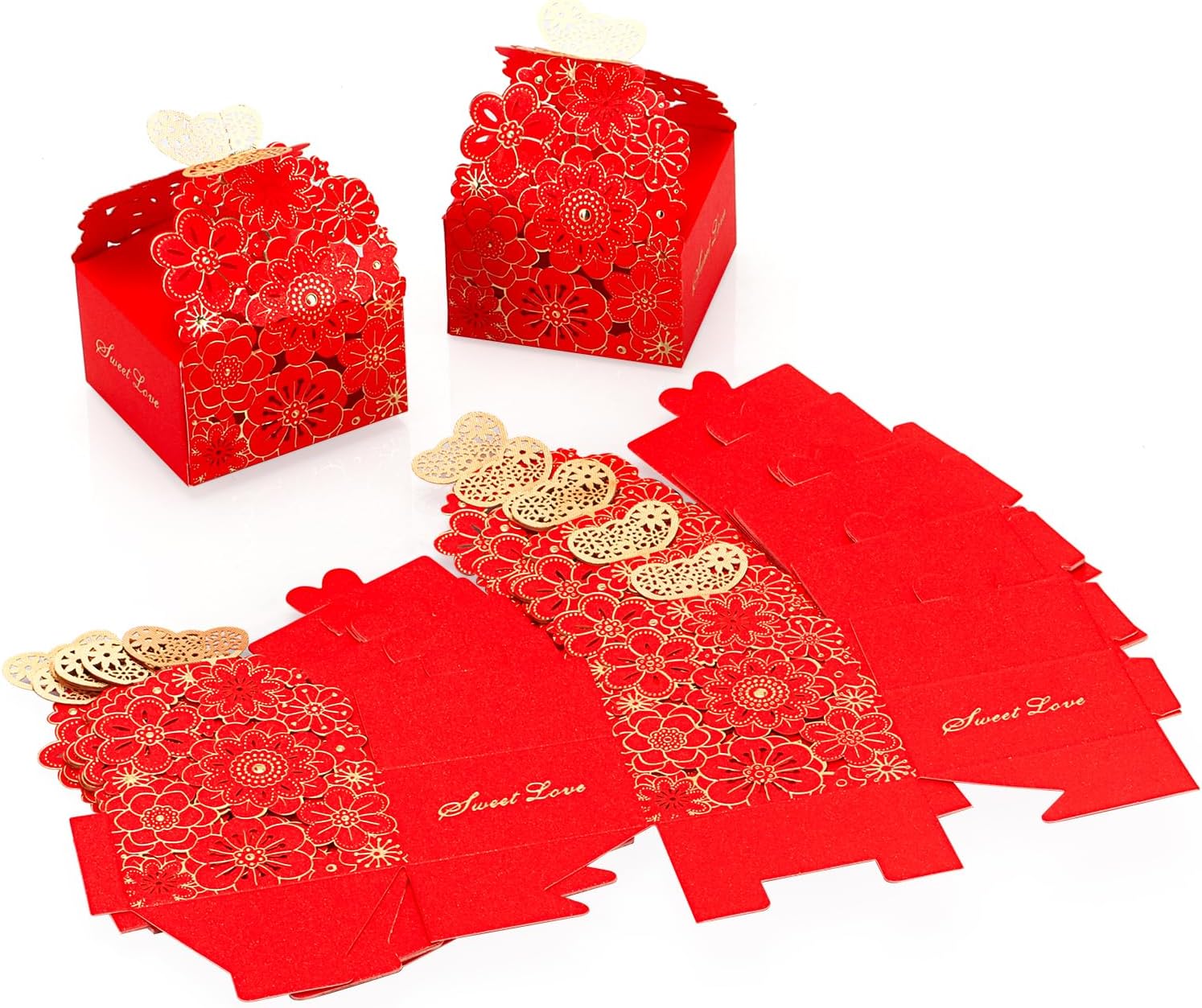 KAZIPA 50pcs Laser Cut Butterfly Favor Boxes Gold Stamping Red