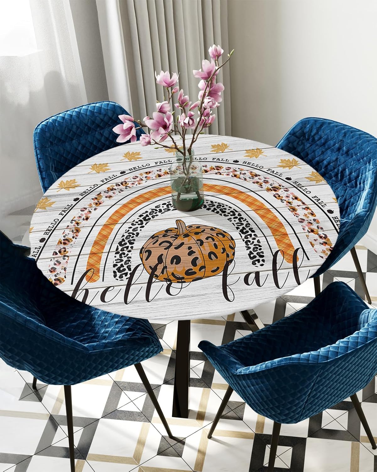 Thanksgiving Round Waterproof Table Cover with Elastic for 36-44 Inch Tables