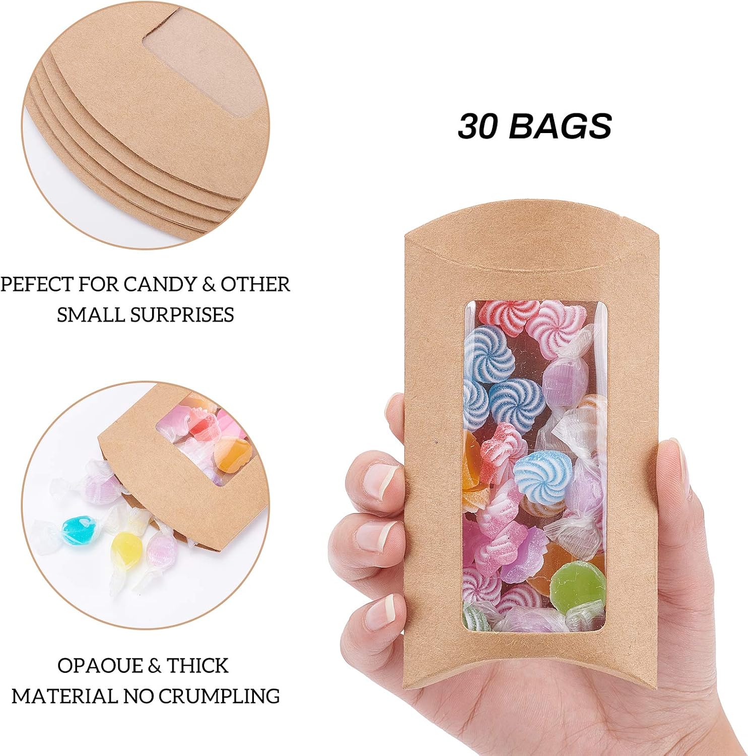 BENECREAT 30pcs Brown Kraft Paper Pillow Boxes with Clear Window
