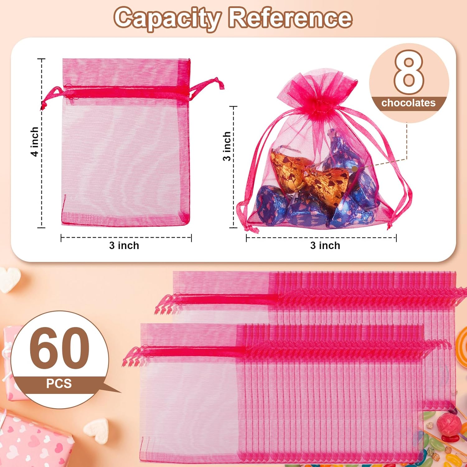 Angooni 60PCS 3x4 Inch Organza Gift Bags Pink