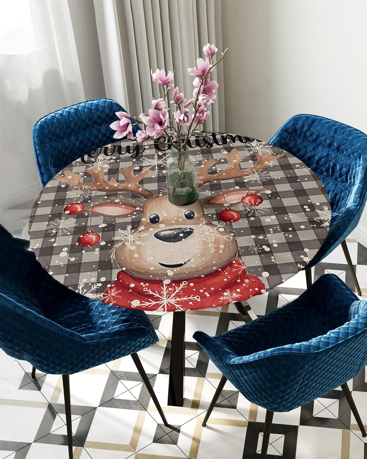 Christmas Elk Round Waterproof Table Cover Fitted Tablecloth