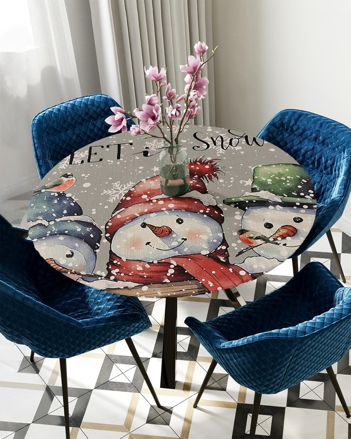 Christmas Round Waterproof Table Cover Fitted Elastic Tablecloth