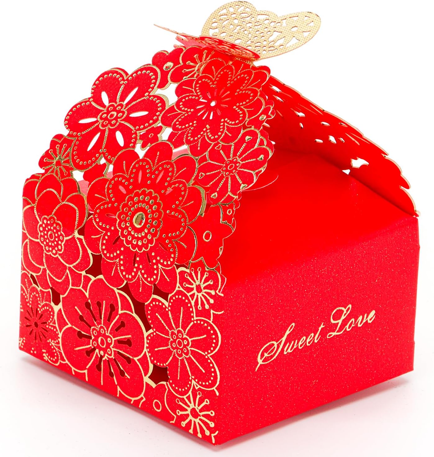 KAZIPA 50pcs Laser Cut Butterfly Favor Boxes Gold Stamping Red
