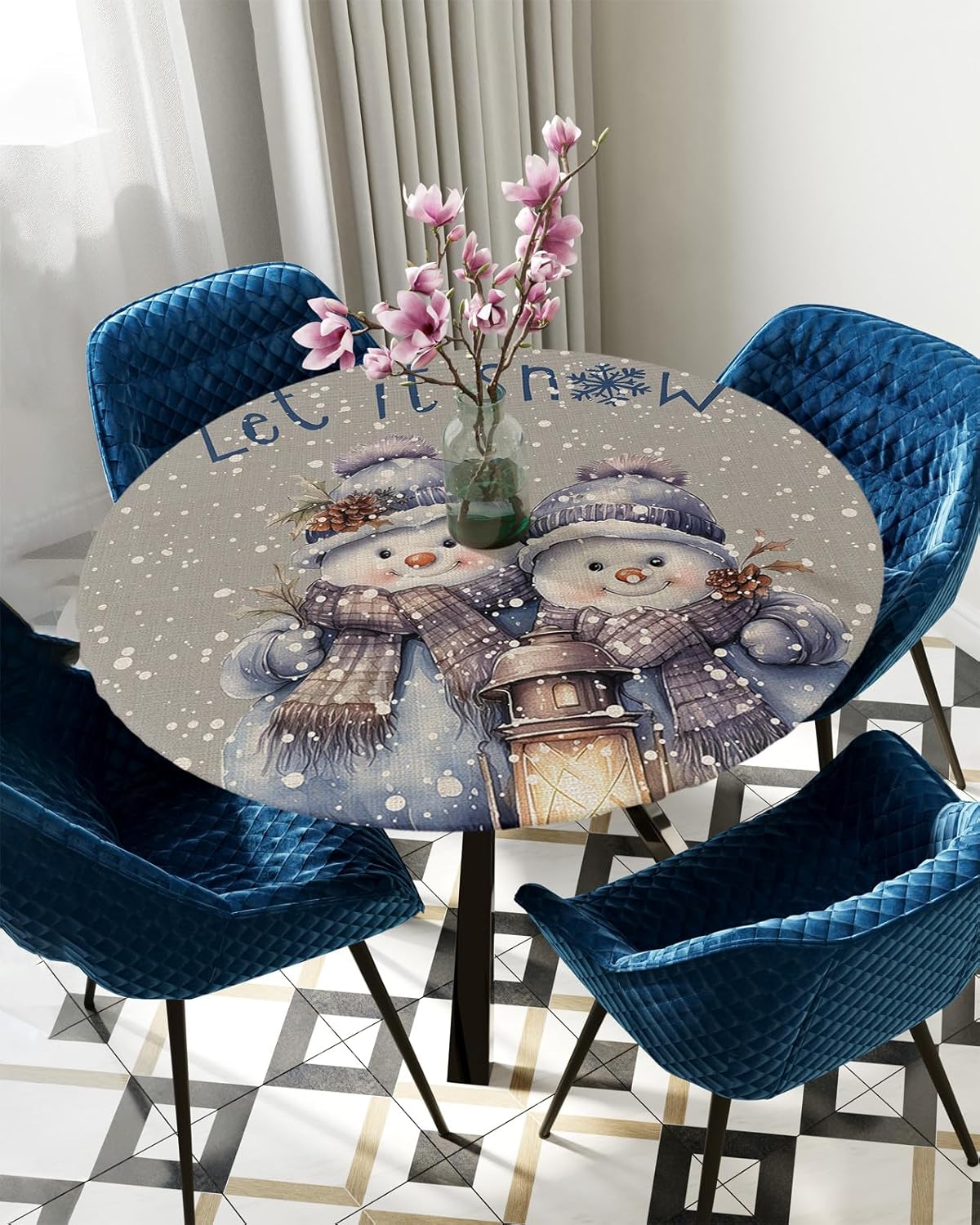 ZOE GARDEN Grey Snowman Round Waterproof Table Cover Fitted Tablecloth