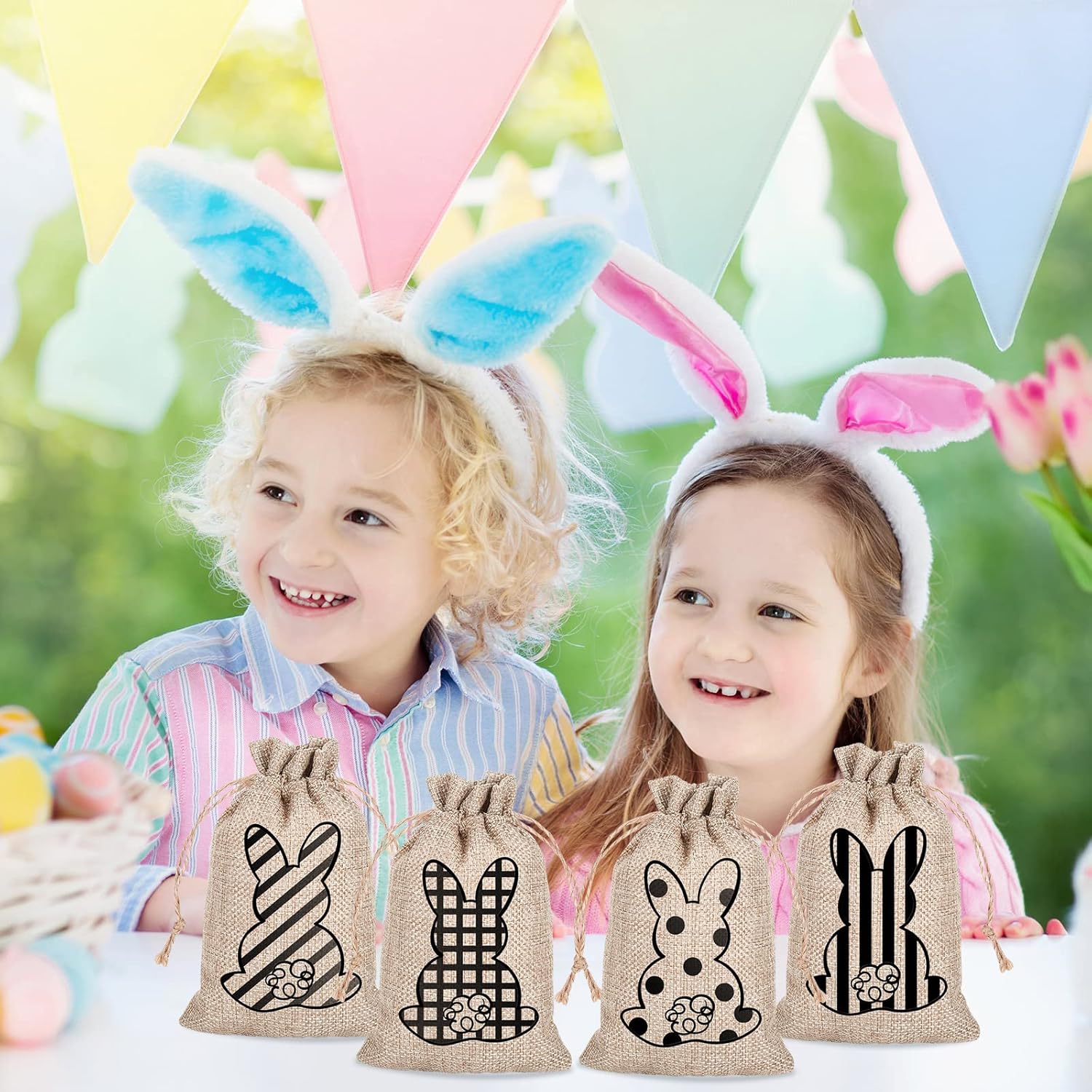 Whaline 24 Pack Easter Drawstring Gift Bags with Bunny and Rabbit Prints