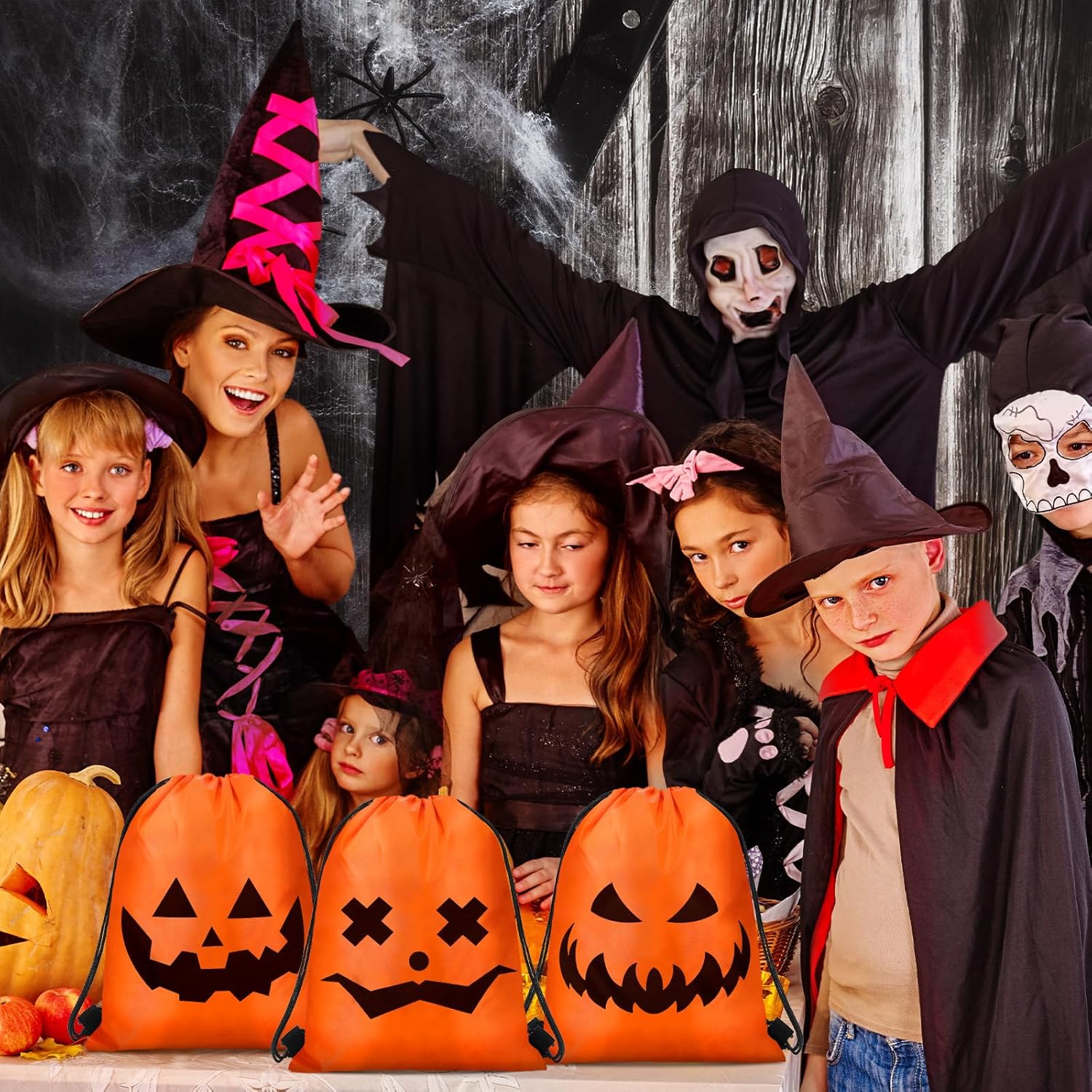Sweetude 24 Halloween Drawstring Bags Large Backpacks Orange