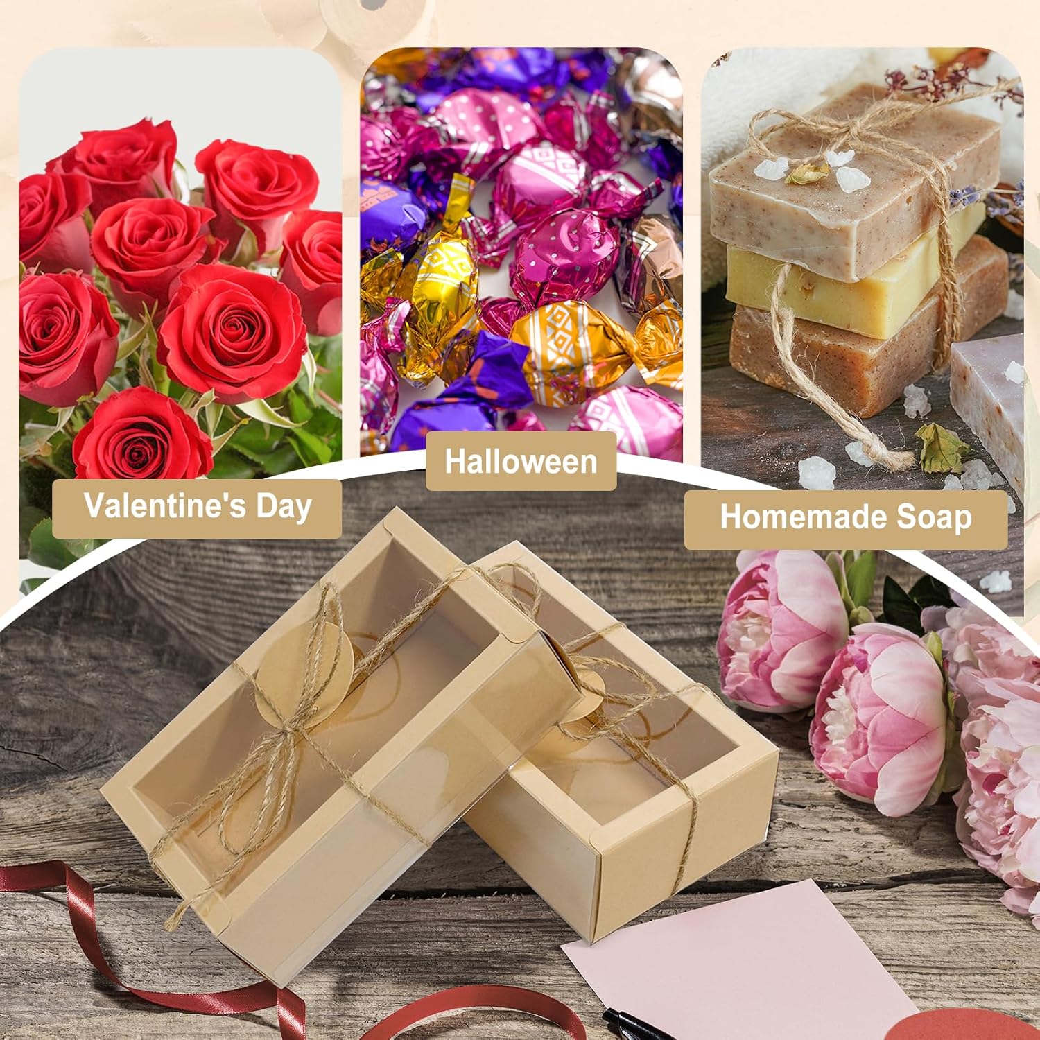 30 Sets Kraft Gift Boxes with Clear Window and Jute String