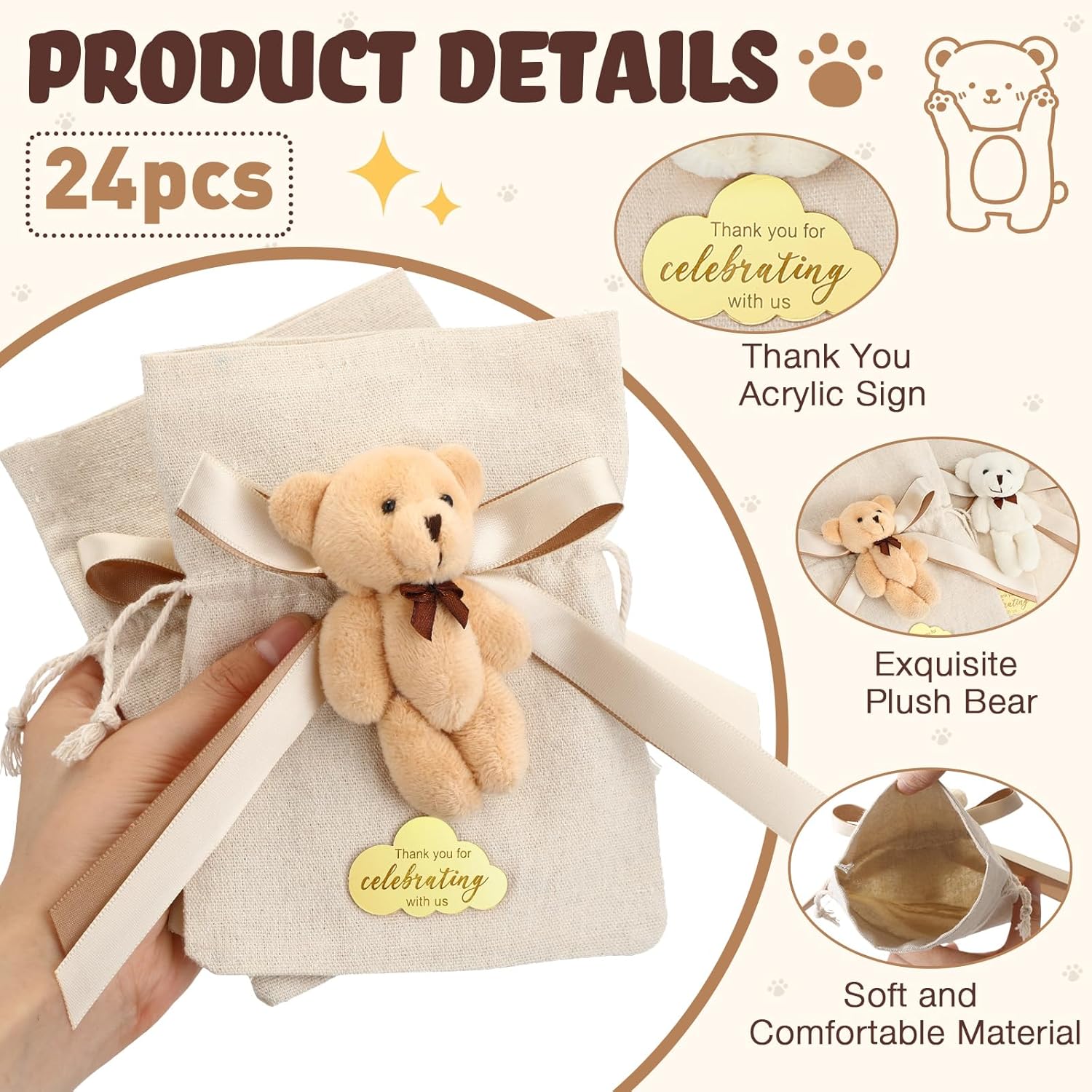 Shinylin 24 Pcs Plush Bear Gift Bags for Baby Shower