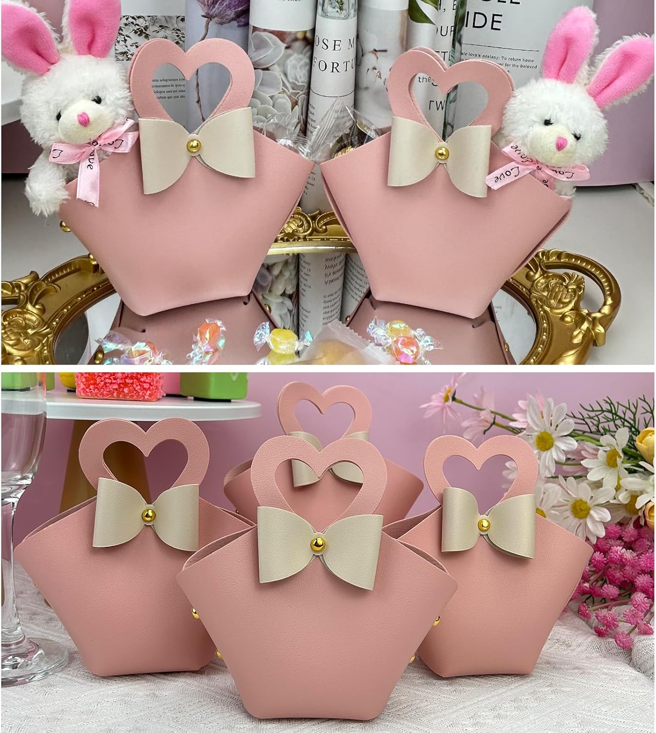 Topoloar 10 Pack Pink Mini PU Leather Gift Bags with Handle