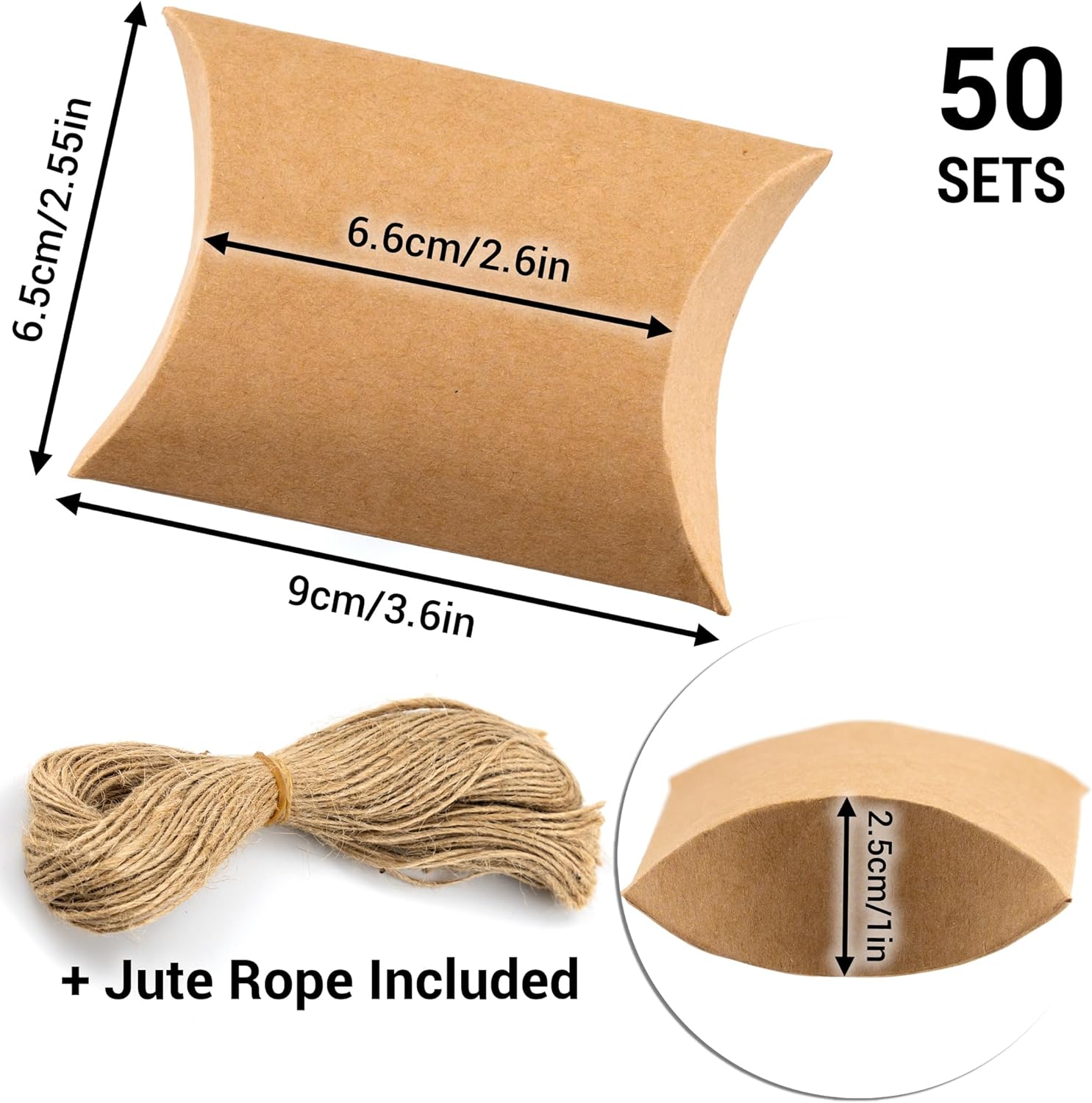 IFAMIO 50 Pcs Kraft Paper Pillow Gift Boxes with Jute Rope
