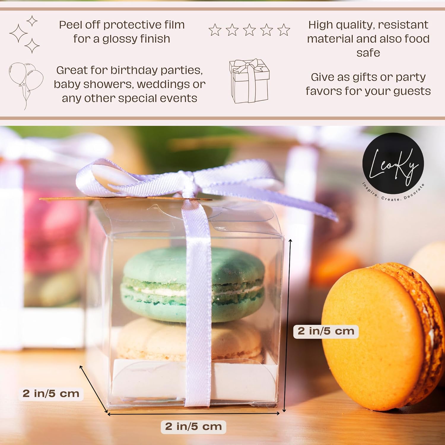LeoKy 50-Pack Clear Treat Boxes for Macarons Chocolates Party Favors