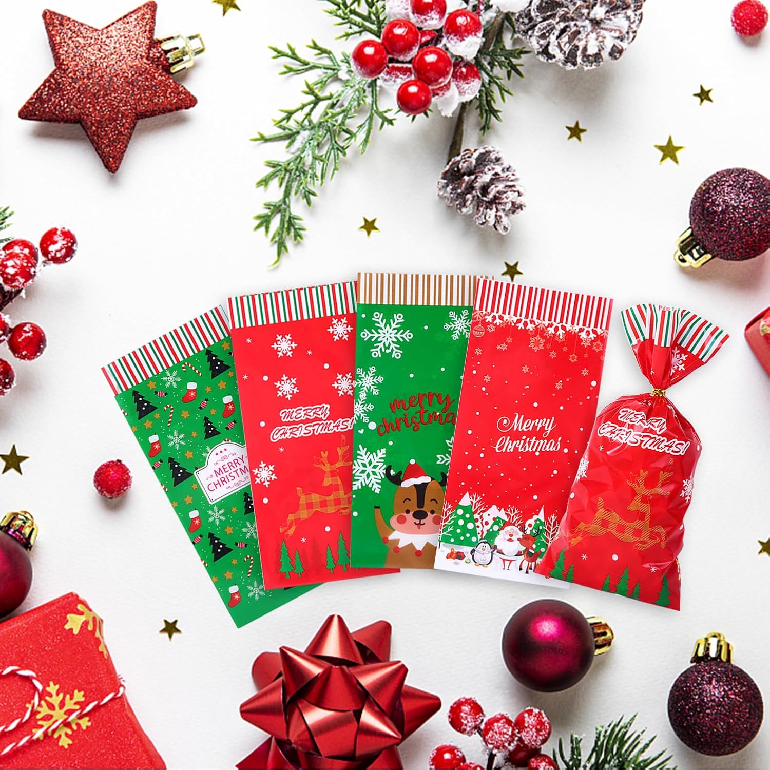 Jexila 200PCS Christmas Cellophane Bags with Twist Ties