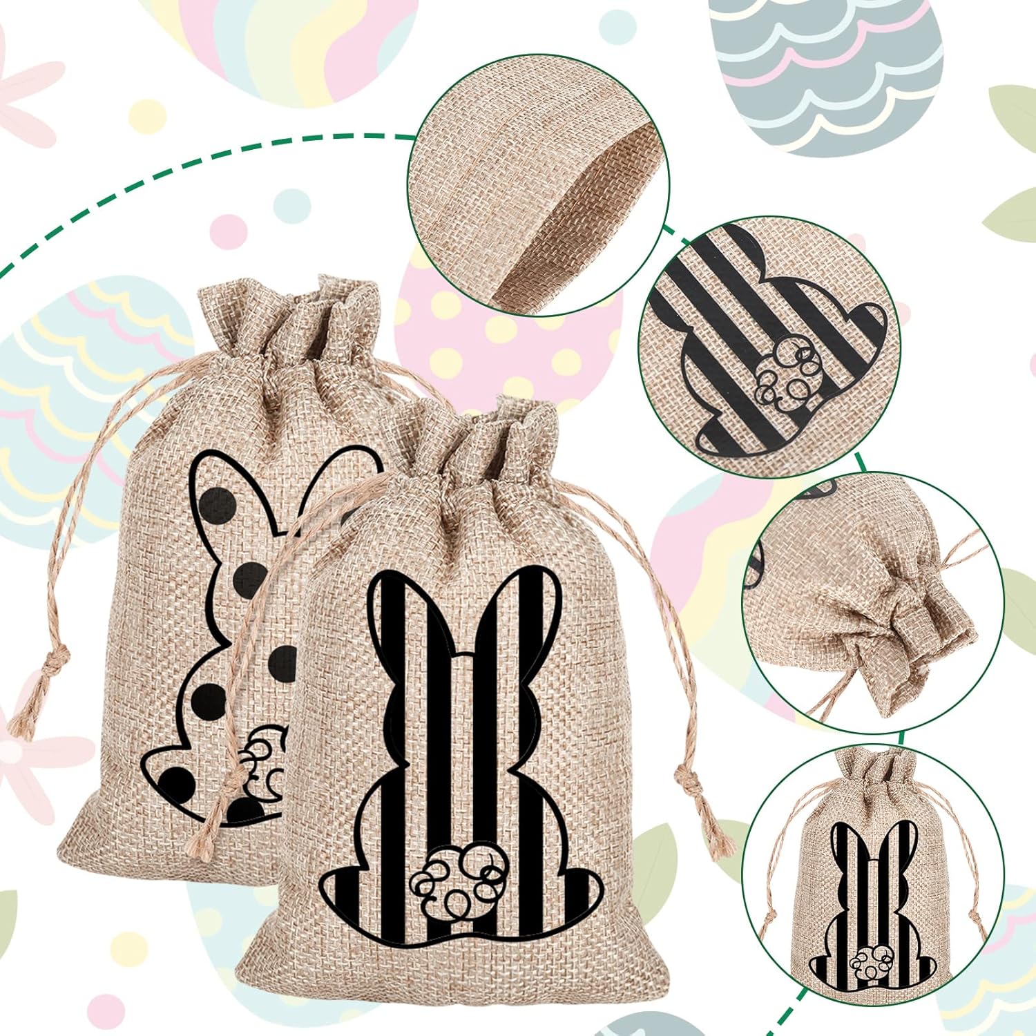 Whaline 24 Pack Easter Drawstring Gift Bags with Bunny and Rabbit Prints