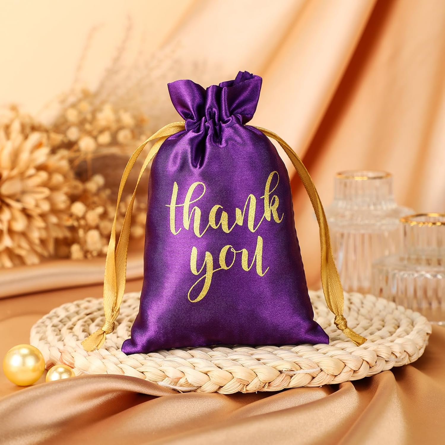 50 Pcs Thank You Satin Gift Bags with Drawstring