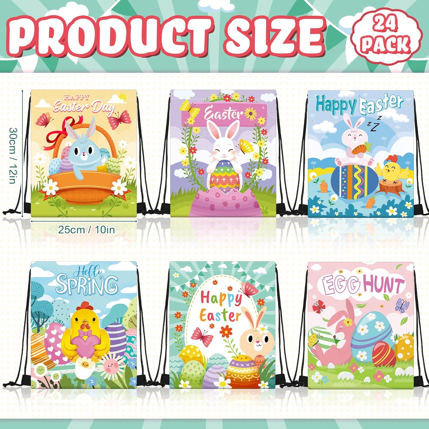 24 Piece Easter Themed Drawstring Gift Bags with 6 Designs