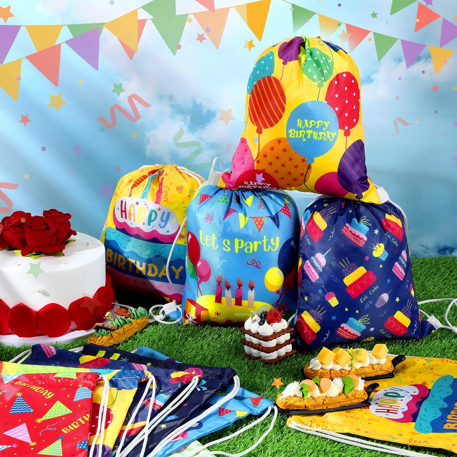 Sweetude 18 Pcs Birthday Drawstring Gift Bags with 9 Designs