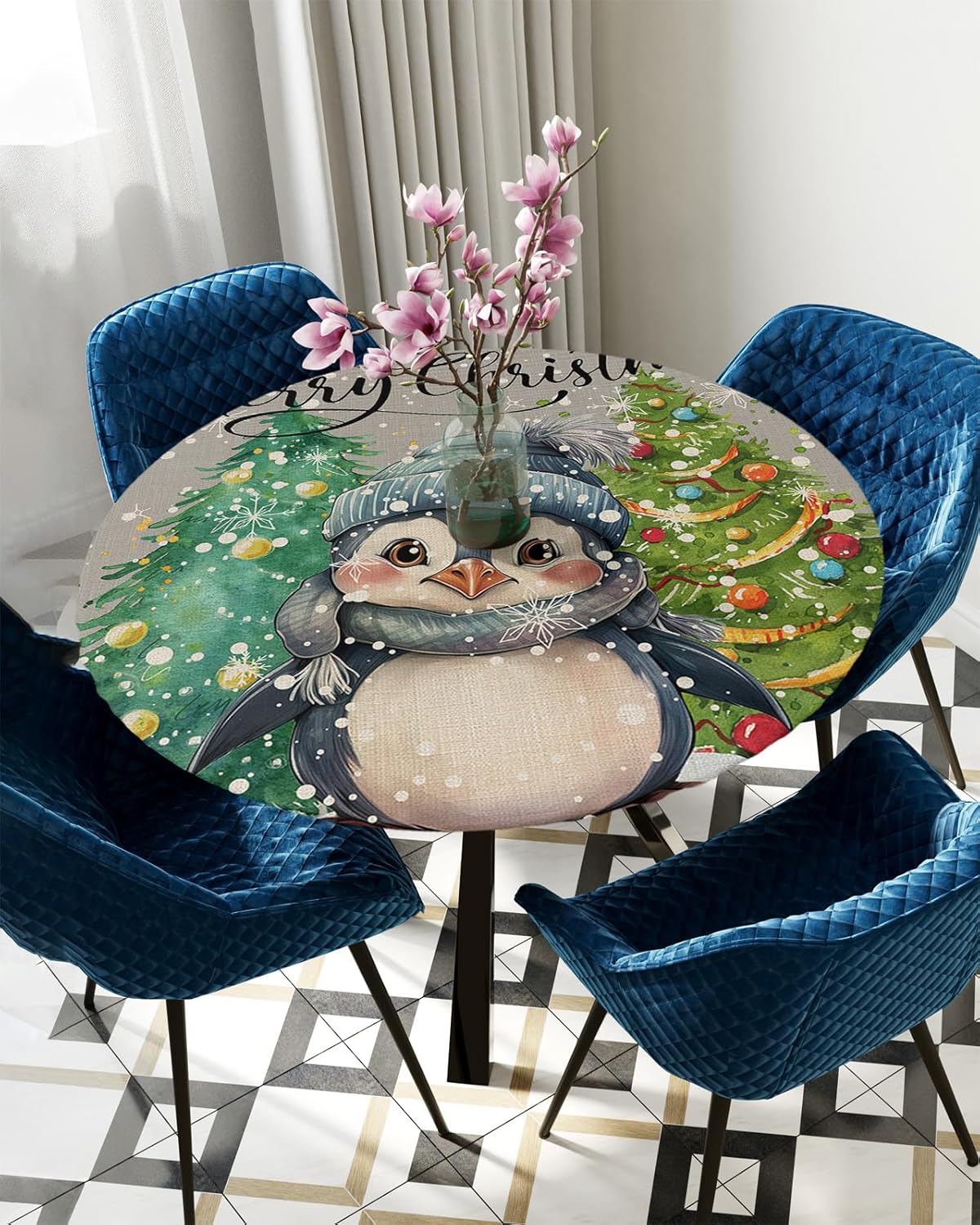 Christmas Penguin Round Waterproof Table Cover Fitted Tablecloth
