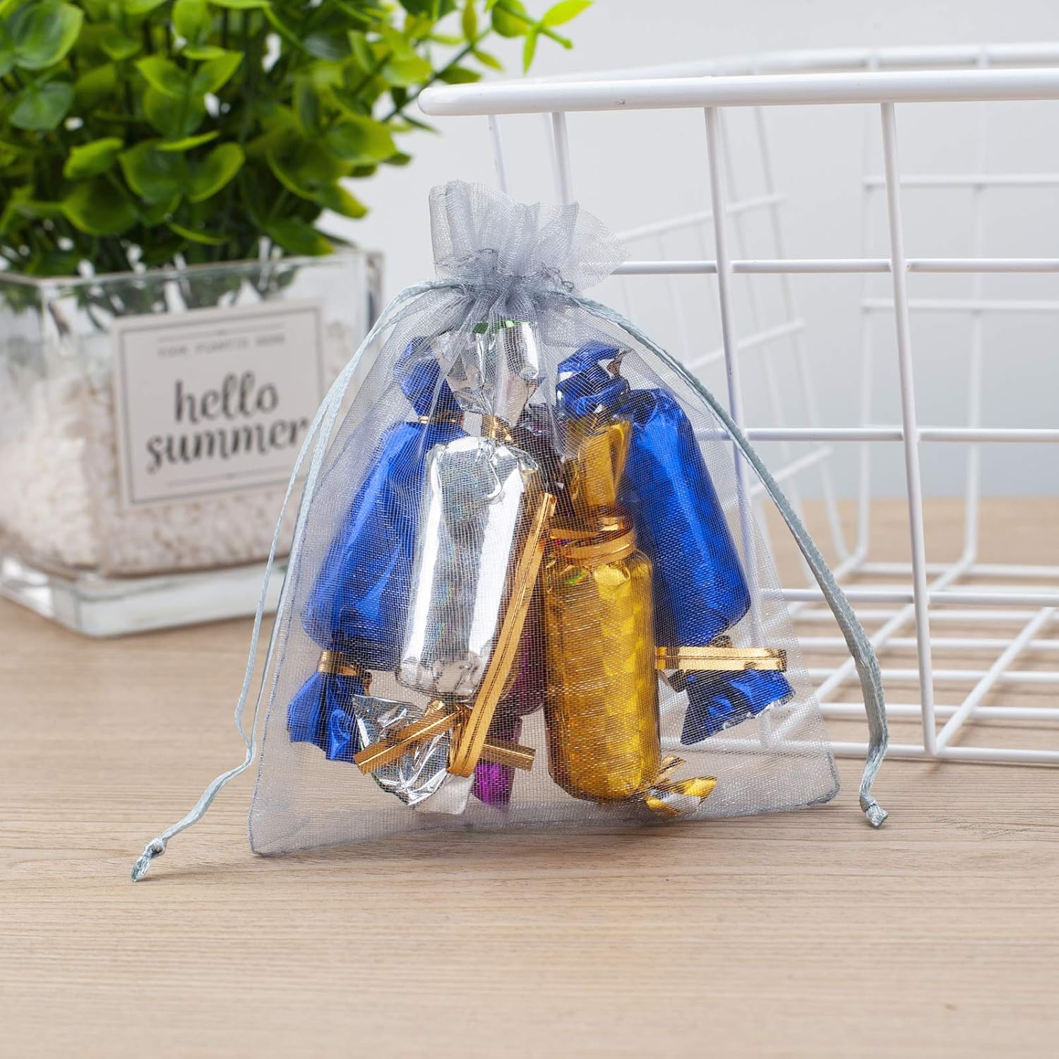100 Pcs Grey Organza Gift Bags 4x5 Inch Drawstring