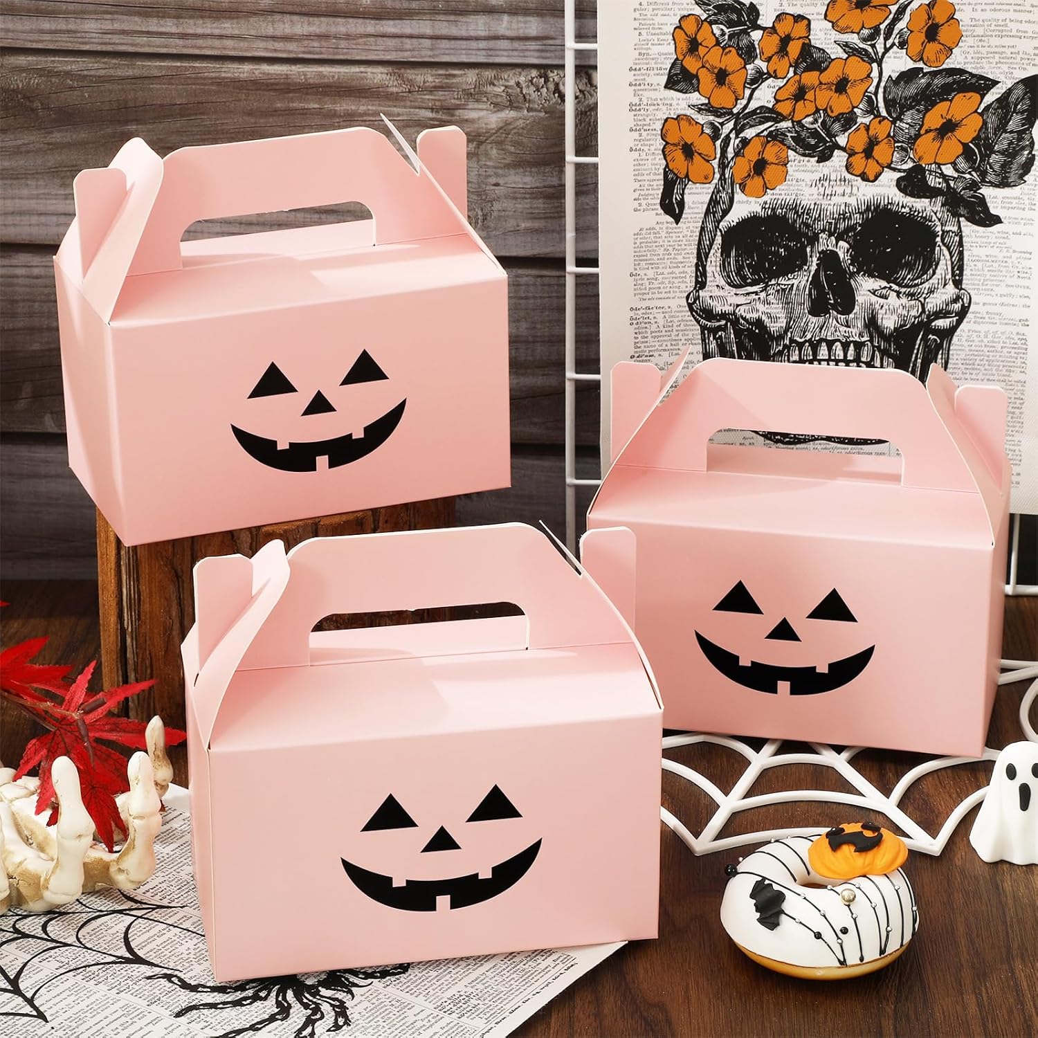 JarThenaAMCS 50Pcs Pink Halloween Treat Boxes with Handle