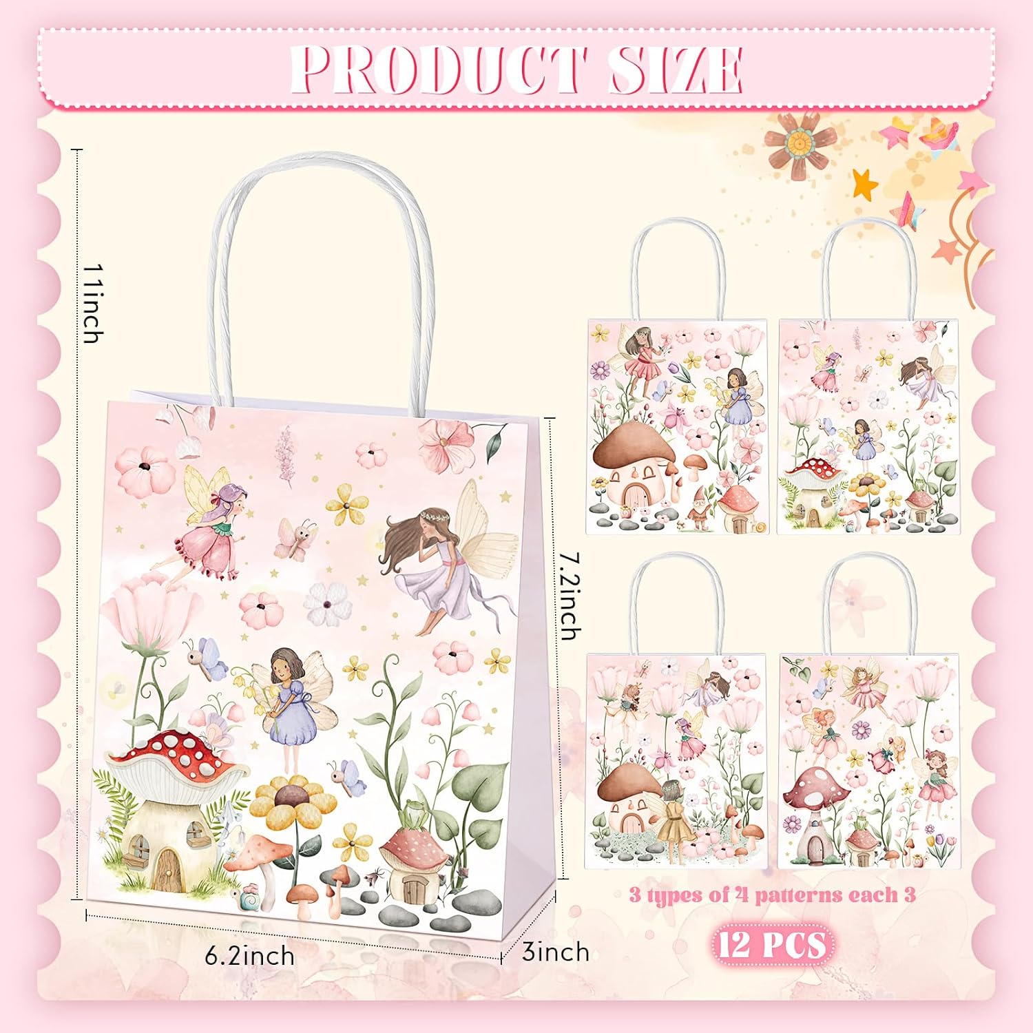 Dinifee 12 Pcs Floral Fairy Gift Bags with Handles