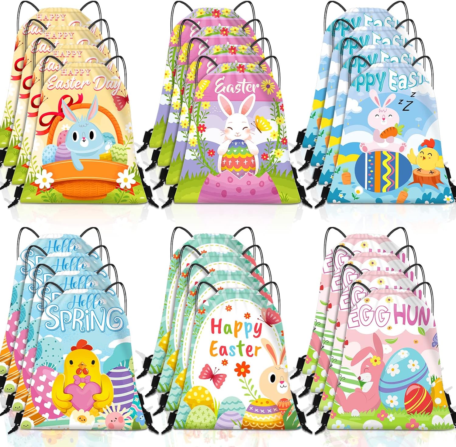 24 Piece Easter Themed Drawstring Gift Bags with 6 Designs