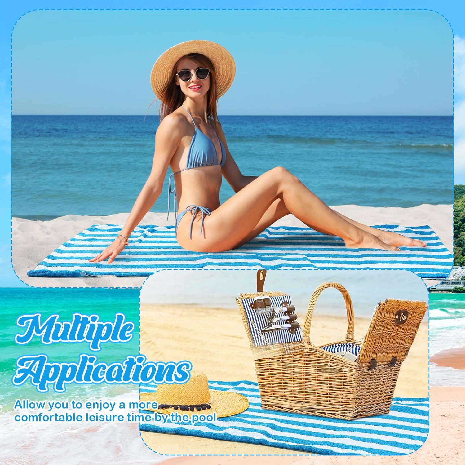 6 Pcs Chaise Lounge Towel Covers with Pockets 30x85in Blue