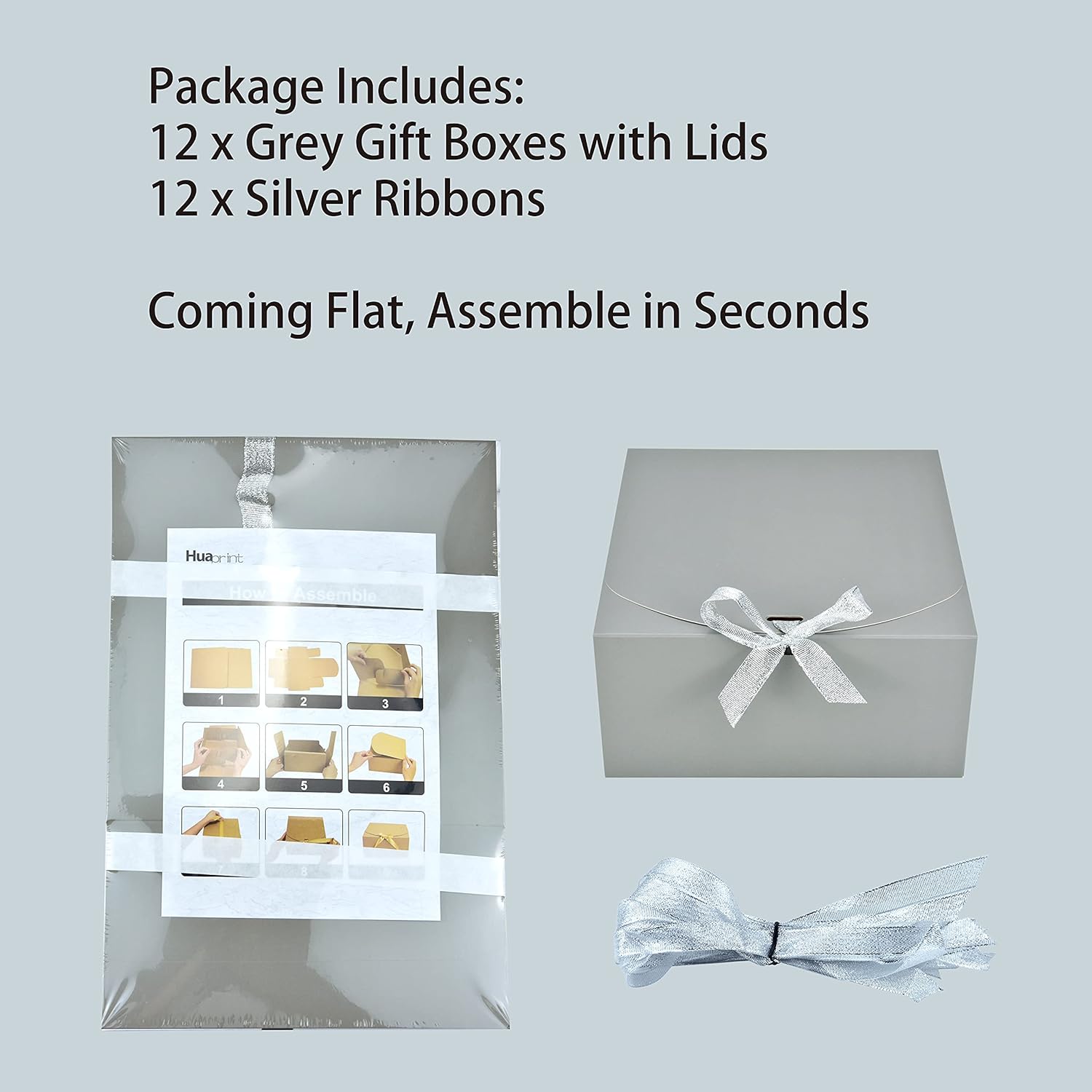 HUAPRINT Gray Gift Boxes with Lids 8x8x4 Inches 12 Sets