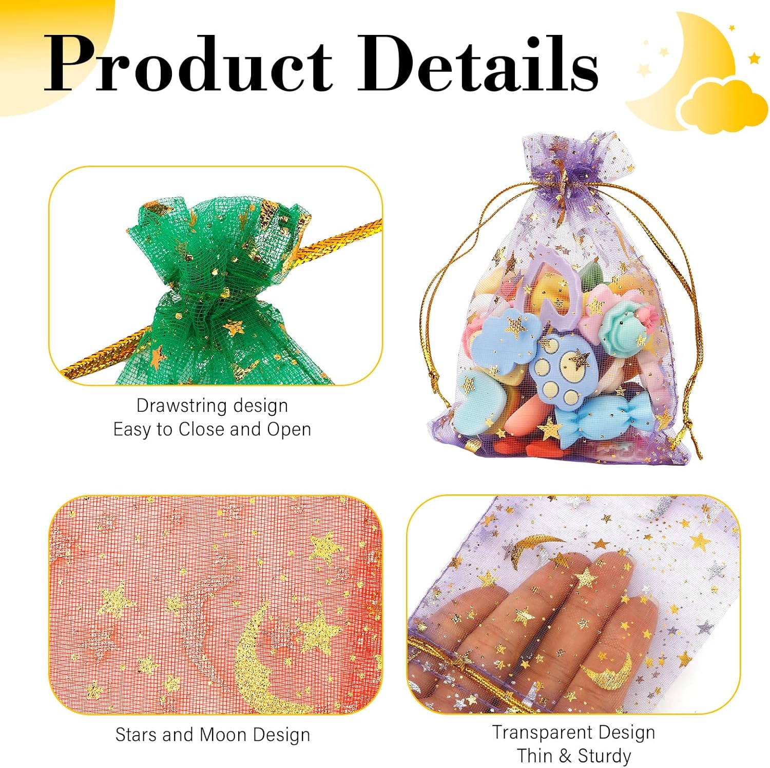 Moon Star Organza Gift Bags 4x5 100 Pcs Drawstring Mesh Pouches