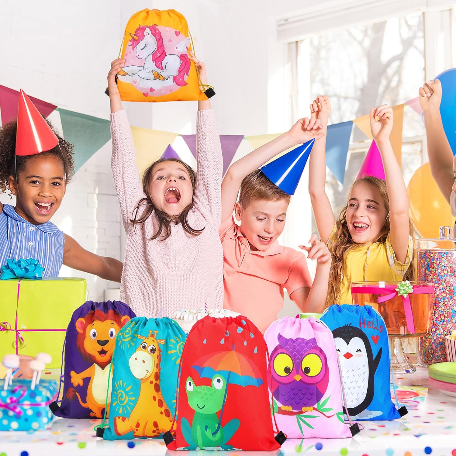 GliCraft 16 Pcs Animal Drawstring Gift Bags for Kids