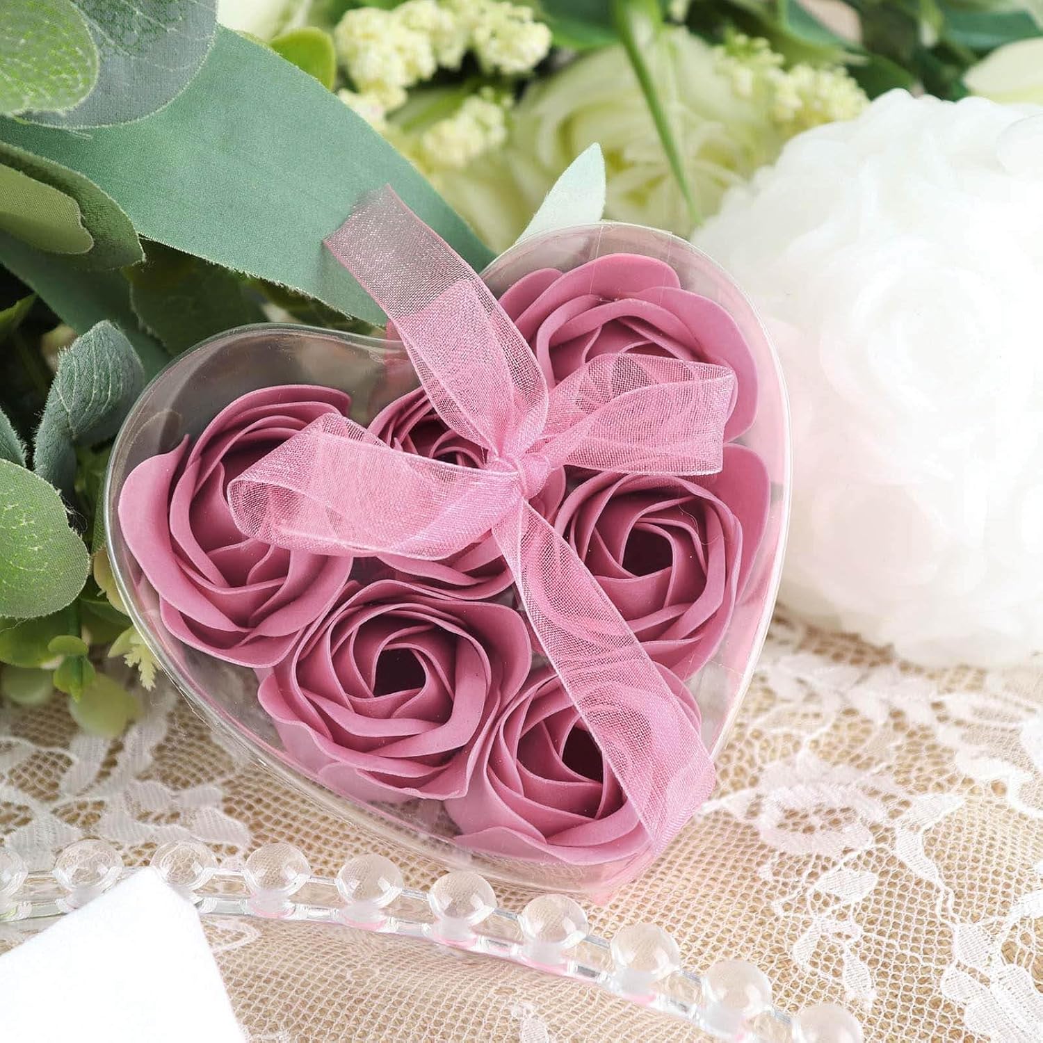 4 Pack Dusty Rose Scented Soap Roses with Gift Boxes and Ribbons
