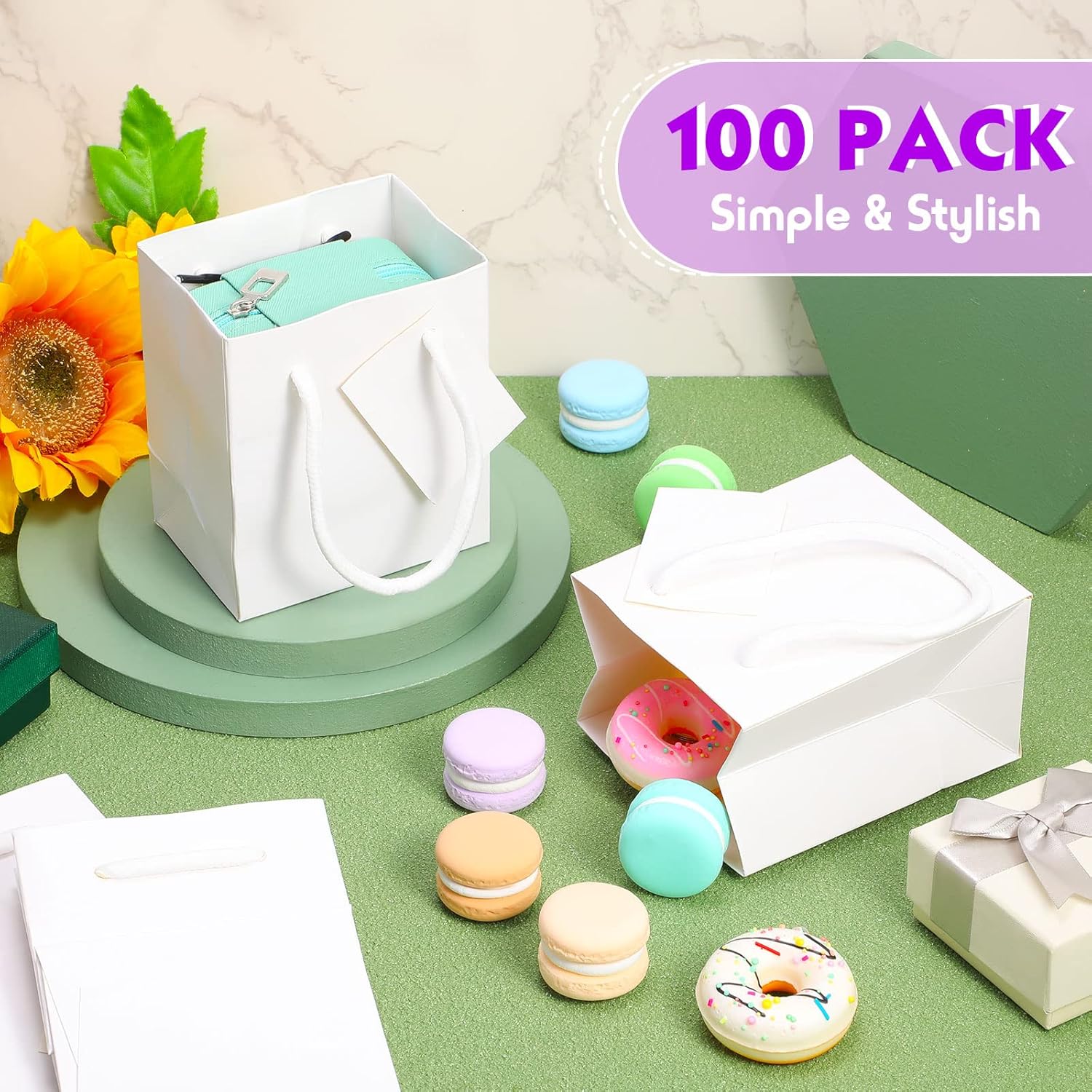 Sherr 100 Pack Mini White Gift Bags with Handles