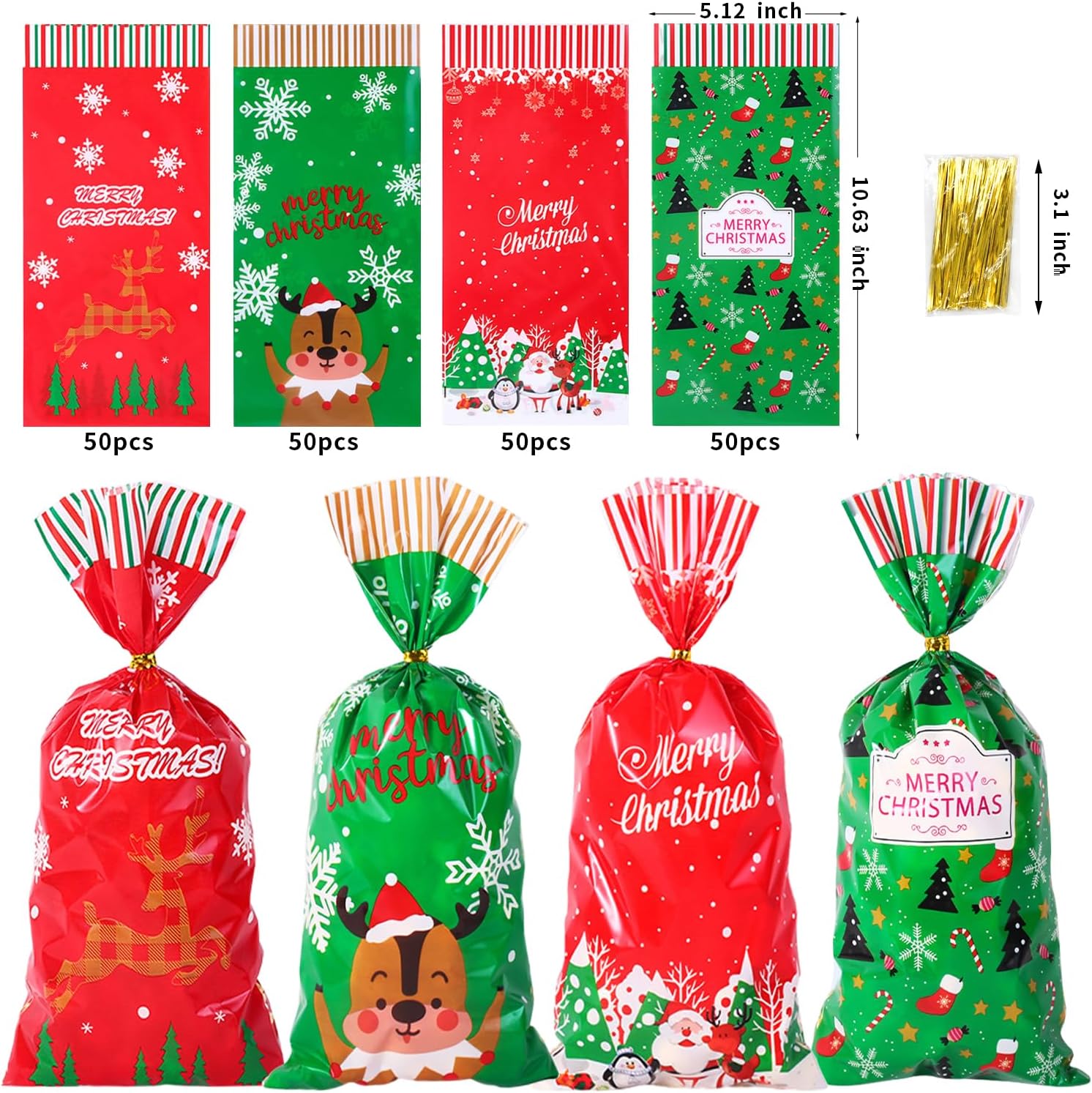 Jexila 200PCS Christmas Cellophane Bags with Twist Ties