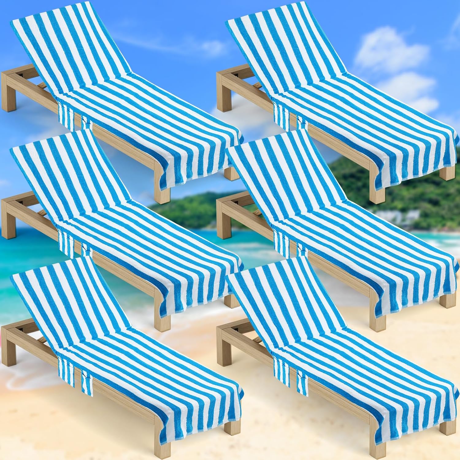 6 Pcs Chaise Lounge Towel Covers with Pockets 30x85in Blue