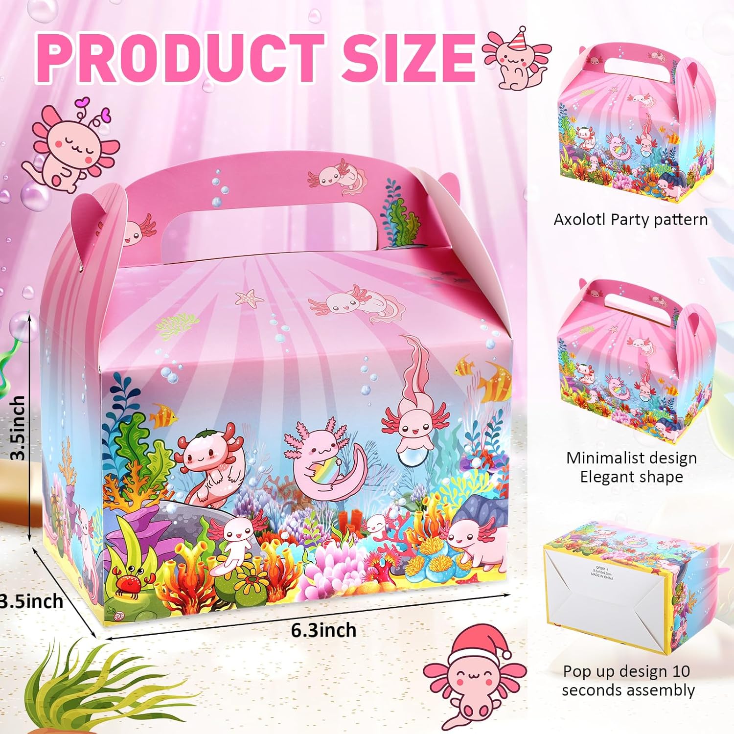 12 Pack Axolotl Gift Boxes with Handles for Party Favors