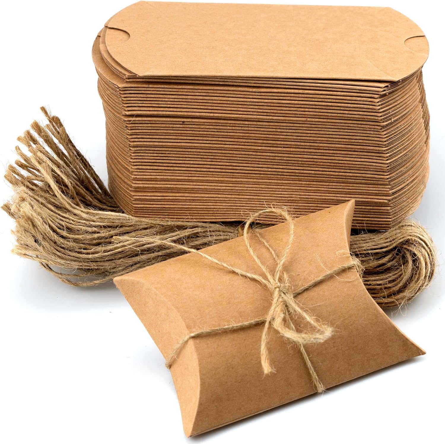 IFAMIO 50 Pcs Kraft Paper Pillow Gift Boxes with Jute Rope