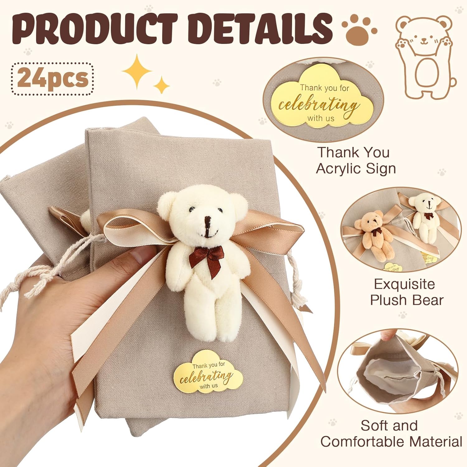 24 Pcs Plush Bear Gift Bags for Baby Shower