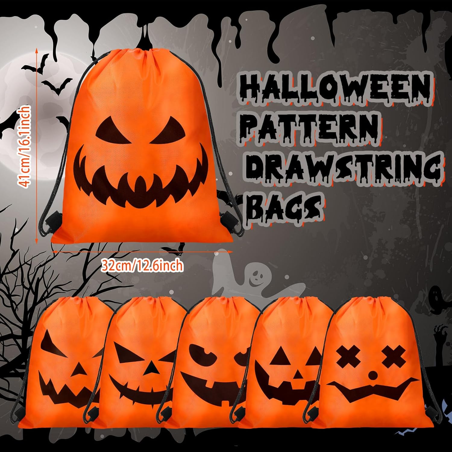 Sweetude 24 Halloween Drawstring Bags Large Backpacks Orange