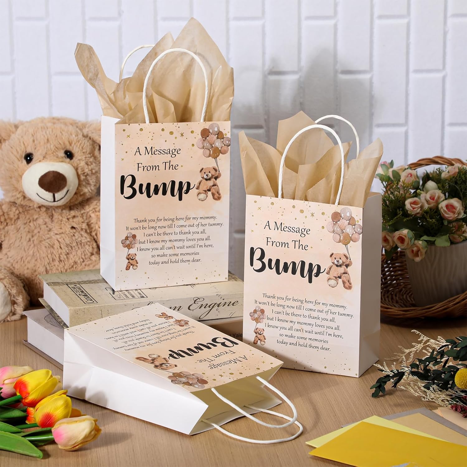 50 Piece Bear Balloon Gift Bags with Handles and Tissue Paper